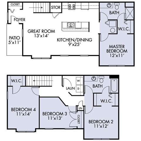 Floor plan for 4 beds, 2 baths, 1575 sqft